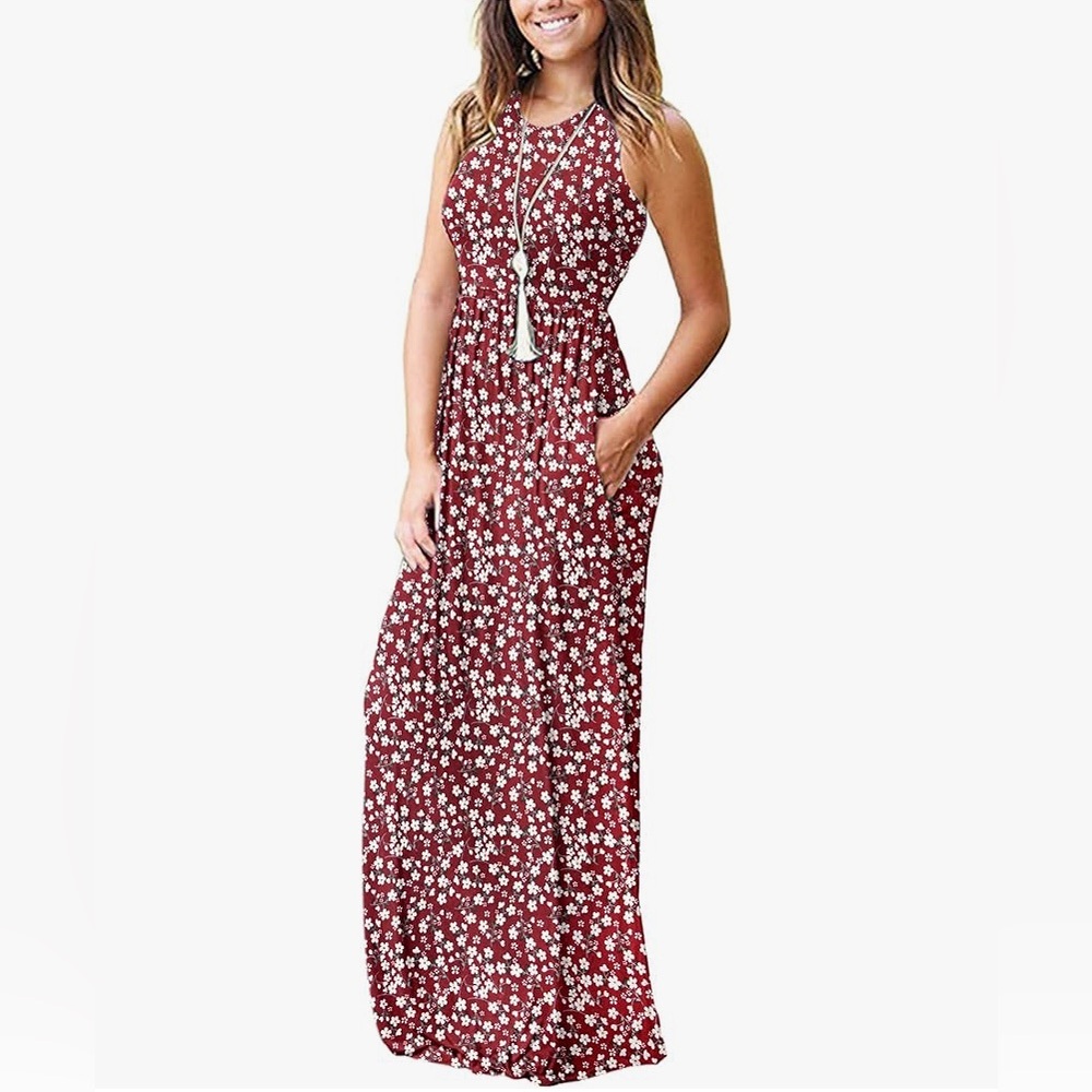 🍓$5 Pick!🍓 AUSELILY Summer Sleeveless Floral Print Maxi Dress With Pockets